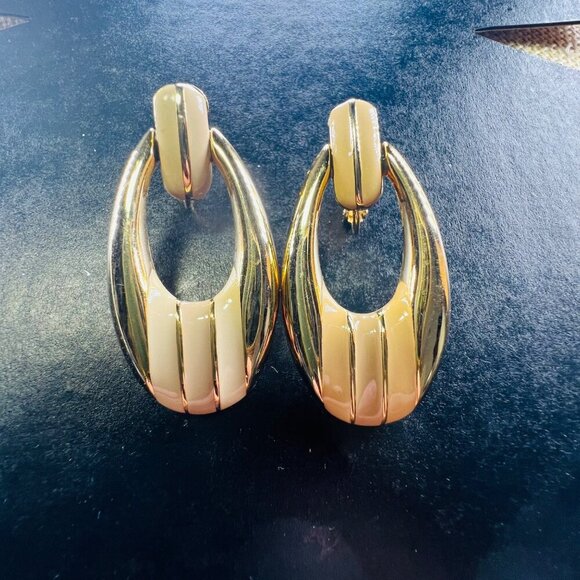 Vintage Napier Gold & Enamel Hoop Pierced Earrings - Picture 1 of 5